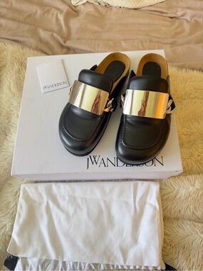JW Anderson Black Leather Slip-On Mules with silver Plate